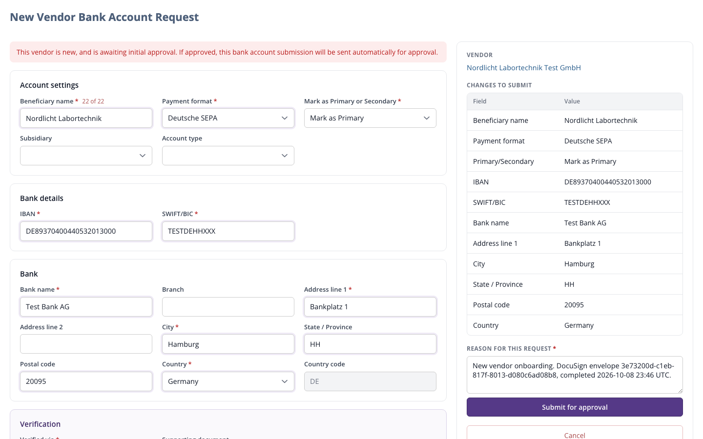 A new vendor bank account request inside NetSuite