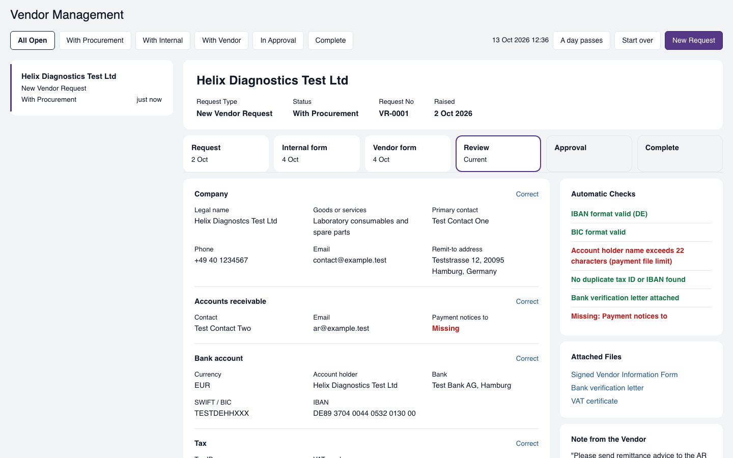 A returned vendor form under review in NetSuite